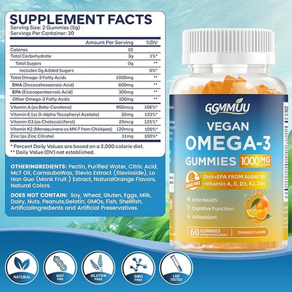2 Pack Vegan Omega 3 Gummies 1000MG Algal Oil Omega 3 Supplement for Adults with Algae DHA 600mg & EPA 300mg Fish Oil Alternative - for Eye & Immune Health, Orange Flavor, 120 Count