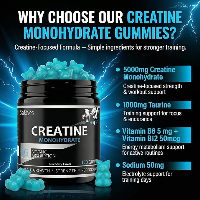 Creatine for Men, 5000MG Creatine Monohydrate Gummies for Men, Workout Support, 5g per Serving, Taurine + Vitamins B6 & B12, Blueberry Flavor, 120 Gummies (30 Servings)