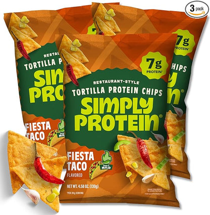 Simply Protein - Zesty Tortilla Chips, Restaurant Style Protein Chips, Fiesta Taco (3-Pack) -7g Protein, 140 Calories, Gluten Free, Vegan -Crispy Plant Based Pea Protein Snacks -3 Bags, 4.58oz (130g)