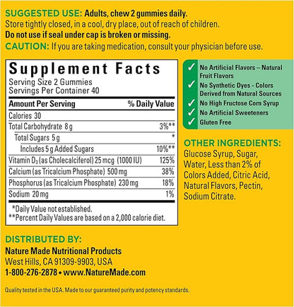 Nature Made Calcium Gummies 500 mg Per Serving with Vitamin D3, Dietary Calcium Supplement for Bone Support, 80 Gummies, 40 Day Supply