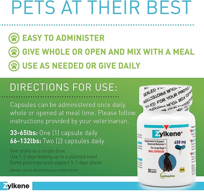 Vetoquinol Zylkene - Calming Support for Large Dogs 33132 lb - Supports Behavior & Occasional Anxiety - Perfect for Boarding, Vet Visits & Celebrations - Non-Drowsy & Lactose-Free - 120 Capsules