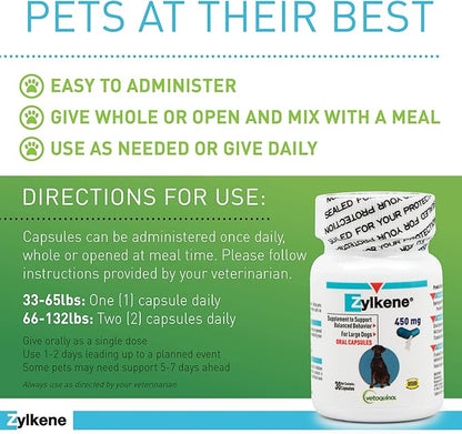 Vetoquinol Zylkene - Calming Support for Large Dogs 33132 lb - Supports Behavior & Occasional Anxiety - Perfect for Boarding, Vet Visits & Celebrations - Non-Drowsy & Lactose-Free - 120 Capsules