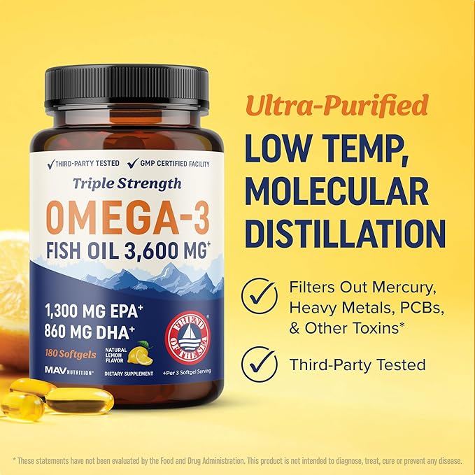 Triple Strength Omega 3 Fish Oil 3600 mg | EPA & DHA | Over 2100mg Omega-3 Fatty Acids | 1300mg EPA + 860mg DHA | Best Essential Fatty Acids | Premium Wild Caught & Burpless Fish Oil | 180 Ct