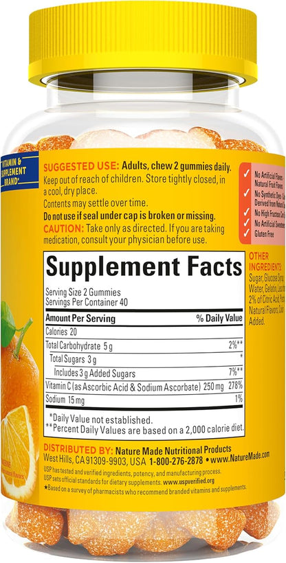Nature Made Vitamin C 250 mg Per Serving, Dietary Supplement for Immune Support, Vitamin C Gummies for Adults, 80 Gummies, 40 Day Supply