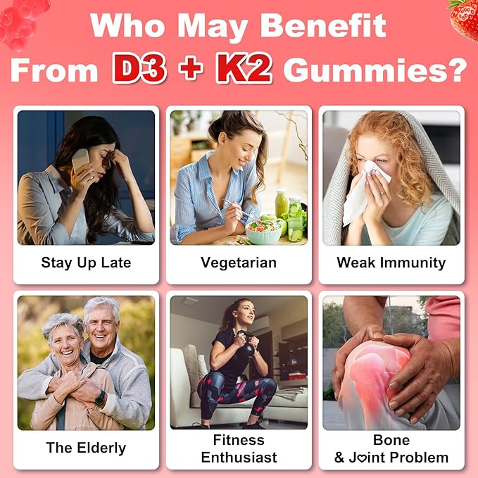 Sugar Free Vitamin D3 K2 Gummies - Vitamin D Gummies with VD3, VK2, 7 Essential Vitamins - Supports Bone, Muscle, Teeth & Immune - Vegan, Non-GMO, Strawberry Flavor, 60 Count