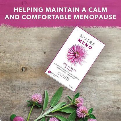 Nutra Tea NutraMeno - Menopause Tea, Red Clover Tea - Perimenopause & Menopause Relief For Women - Includes Red Clover, Sage & Rose - 20 Individually Wrapped Bags - Herbal Infusion (1 Pack)