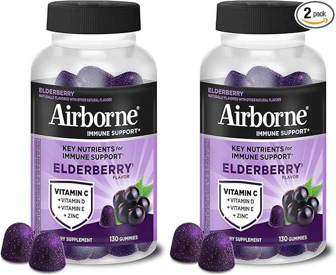 Airborne Elderberry + Zinc & Vitamin C Gummies for Adults,Immune Support with Antioxidants Vitamins C,D & E,Elderberry Flavor,130 Count (Pack of 2)