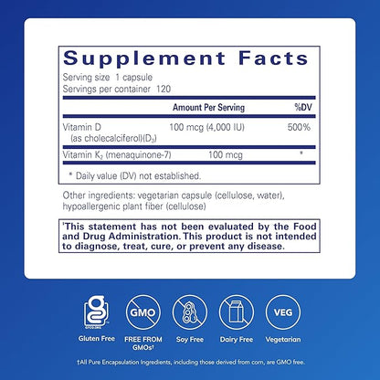 Pure Encapsulations Vitamin D3 & K2 - Bone & Vascular Health Support - Immune Function Support* - Gluten Free - Non-GMO - 120 Capsules