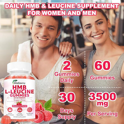 HMB and Leucine Gummies, HMB & Leucine Amino Acid for Muscle Growth, Muscle Relief, HMB Supplements for Men & Women, Vegan, Non-GMO, Raspberry Flavor, 60 Count