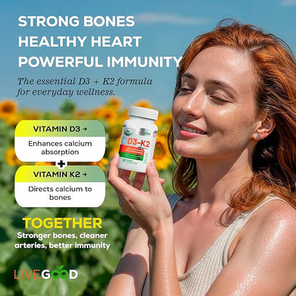 LIVEGOOD Organic D3 K2 Supplement 2000 IU, Vegan Capsules with MK-7, Pure Vitamin D3 with K2 for Immune, and Bone Support Made in the USA Organic D3 K2 Formula (60 Count)