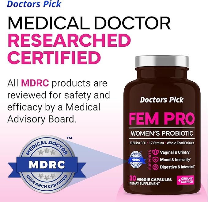 Fem Pro Probiotics for Women. 17 Clinically Effective Strains for Vaginal, Digestive & Immune Support, Urinary Tract Health, pH Balance and Mood. Organic Prebiotic, 30 Veggie Capsules
