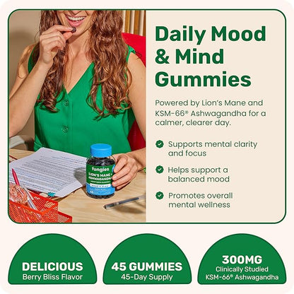 Fungies Lion's Mane KSM-66 Ashwagandha Gummies, Berry Flavor - Mushroom Supplement Adaptogen Gummy Supports Brain Health, Cognitive Function, Focus, Memory & Mood - Mind-Body Wellness, 45 Servings