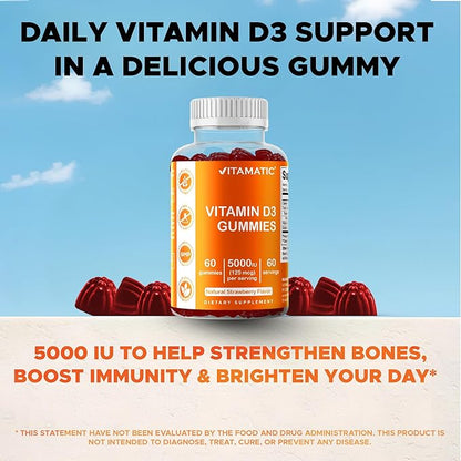 Vitamatic Vitamin D3 Gummies – 5000 IU Per Gummy | 60 Gummies per Bottle | Pack of 2 (Total 120 Count) Great Taste | Supports Bone, Teeth, Mood, Joint & Immune Health