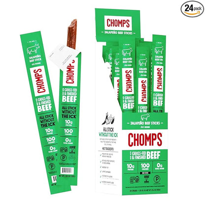 Chomps Grass-Fed and Finished Jalapeño Beef Jerky Snack Sticks 24-Pack - Keto, Paleo, Whole30, 10g Lean Meat Protein, Gluten-Free, Zero Sugar Food, Non-GMO