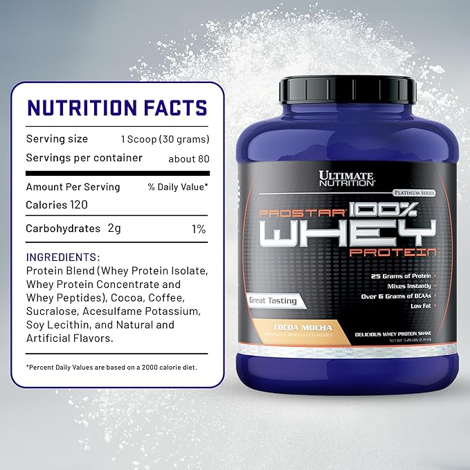 Ultimate Nutrition Prostar Whey Protein Powder Isolate, Gourmet Cocoa Mocha - Low Carb, High Protein Powder Shake for Muscle Gain & Recovery - Low Sodium, Low-Fat & Keto Friendly - 5.28 lbs Tub