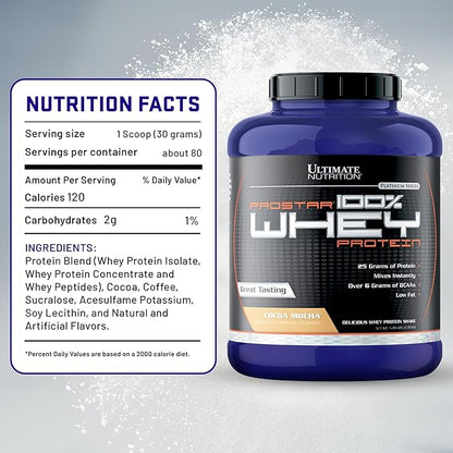 Ultimate Nutrition Prostar Whey Protein Powder Isolate, Gourmet Cocoa Mocha - Low Carb, High Protein Powder Shake for Muscle Gain & Recovery - Low Sodium, Low-Fat & Keto Friendly - 5.28 lbs Tub