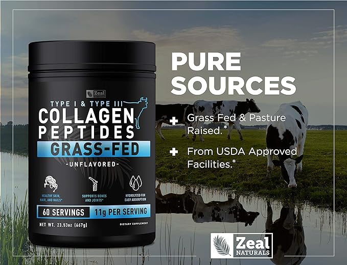 Zeal Naturals Hydrolyzed Collagen Peptides Powder, 10g Protein | Grass-Fed Collagen for Women & Men | Essential Amino Acids | Hair, Skin, Nails, Bone Health | 60 Servings, Unflavored, 23.53 oz.