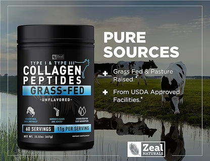 Zeal Naturals Hydrolyzed Collagen Peptides Powder, 10g Protein | Grass-Fed Collagen for Women & Men | Essential Amino Acids | Hair, Skin, Nails, Bone Health | 60 Servings, Unflavored, 23.53 oz.