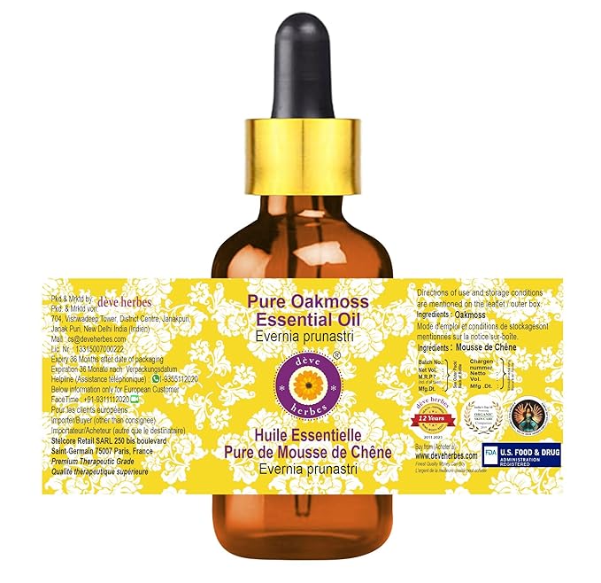 Deve Herbes Pure Oakmoss Essential Oil (Evernia prunastri) with Glass Dropper Steam Distilled 50ml (1.69 oz)