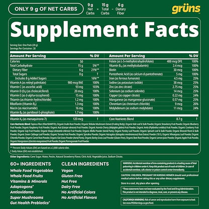Gruns Adult Super Greens Multivitamin Gummies, Superfood Gummy Vitamins for Women and Men with Spirulina, Chlorella, Adaptogens & Prebiotic Fiber for Digestive Health (28 Count)