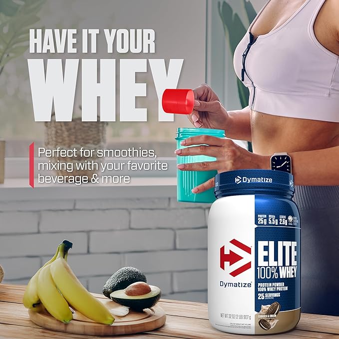 Dymatize Elite 100% Whey Protein Powder, Cookies & Cream, 25g of Protein, 5.5g BCAAs, Less Than 140 Cal., Gluten Free, 3g Carb, 2g Sugar, 3g Fat (25 Servings)