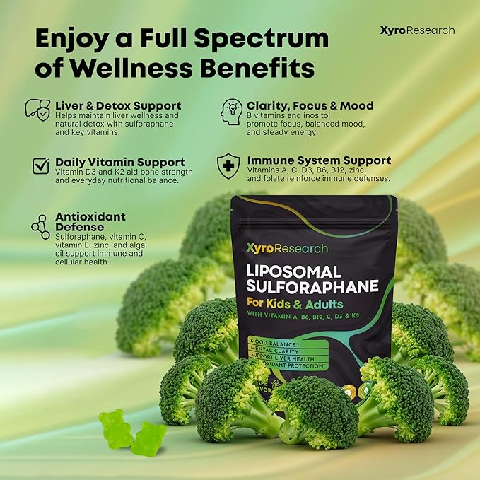 Liposomal Sulforaphane Gummies - 150mg Broccoli Sprout Extract with Vitamins Supplement for Kids Adults - Antioxidant Cellular Health & Liver Detox Support - Non-GMO Vegan Sugar-Free