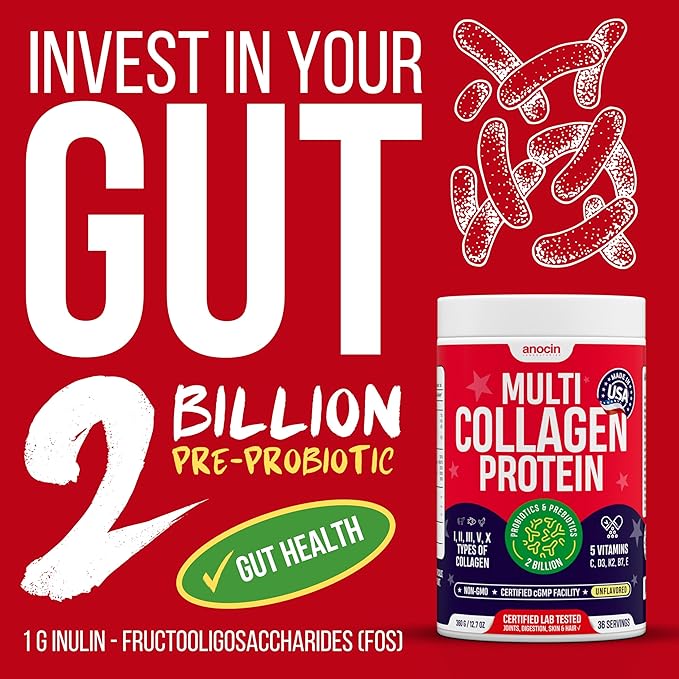Multi Collagen Peptides w/Prebiotic + Probiotics + Type I, II, III, V, X + Hydrolyzed Collagen Powder w/Vitamin C+D3+B7+K2+E Hyaluronic Acid, Supports Skin Hair Nail Joint, Grass-Fed, Non-GMO (2)