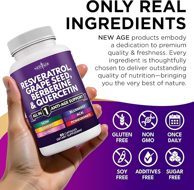 NEW AGE Resveratrol, Berberine, Grape Seed Extract, Quercetin - Polyphenol Supplement for Women and Men with Noni, N-Acetyl Cysteine, Acai - 60 Capsules