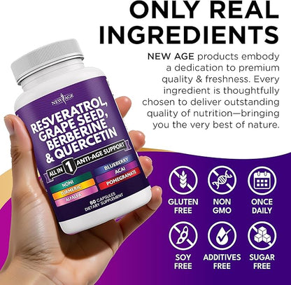 NEW AGE Resveratrol, Berberine, Grape Seed Extract, Quercetin, Polyphenol Supplement for Women and Men with Noni, N-Acetyl Cysteine, Acai - 180 Capsules