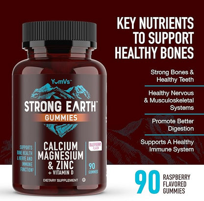 YUM-V'S Calcium, Magnesium, Zinc & Vitamin D Gummies, Cal Mag Chewable Supplement, Vegetarian Kosher Halal Natural Raspberry Flavor Gummies for Adults Women & Men - 90 Count (Pack of 2)