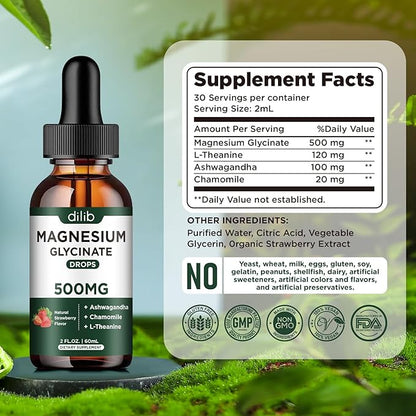 Magnesium Glycinate Supplement, Magnesium Liquid Drops with Magnesium Glycinate 500mg Ashwagandha, L - Theanine, Chamomile -Support Stress Relief, Bone, Muscle, Mood Vegan Natural Strawberry Flavor