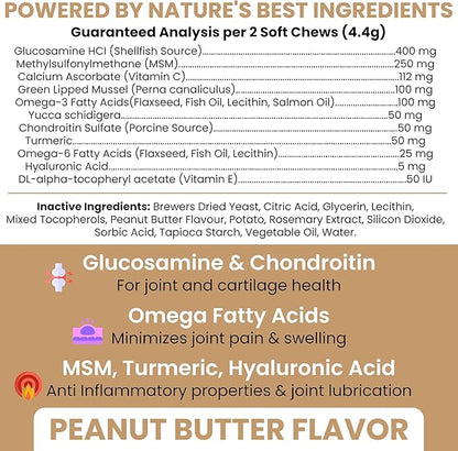 Glucosamine for Dogs Hip and Joint Supplement - 60 Soft Chews for Senior Dogs with Glucosamine, Chondroitin, MSM, and Omegas - For Mobility, Cartilage, and Joint Health - Peanut Butter Flavor