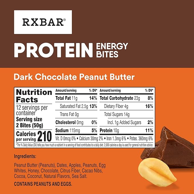 RXBAR Protein Energy Bites, Gluten Free Protein Balls, Dark Chocolate Peanut Butter, 21.1oz Box (24 Bites)