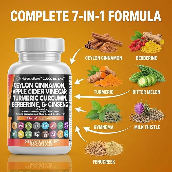 Clean Nutraceuticals Ceylon Cinnamon Capsules + Berberine Turmeric Apple Cider Vinegar Ginseng Bitter Melon Gymnema Milk Thistle Fenugreek Supplement Pills Powder for Men & Women