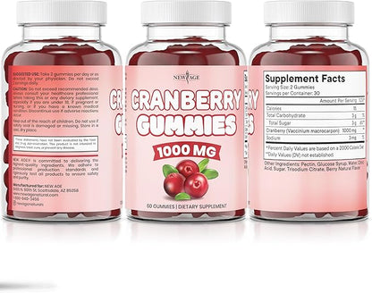 NEW AGE Cranberry Gummies Urinary Tract Health Gummies 1000mg - Supports Bladder, Kidney, UTI - Vegetarian (Cranberry 60 Gummies)
