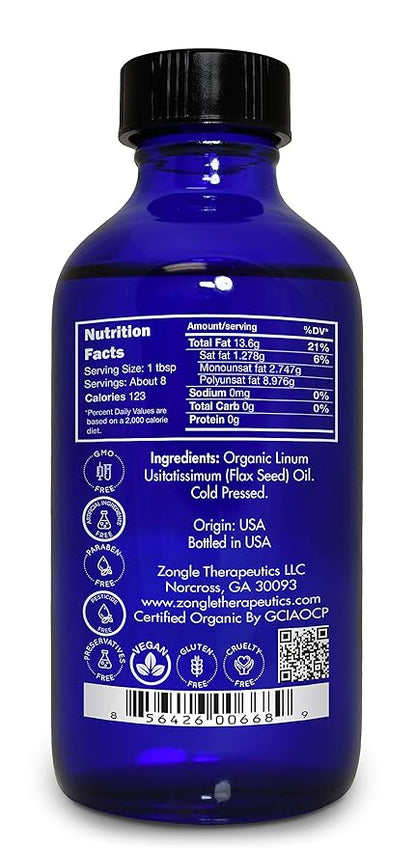 Organic, Flaxseed Oil, Liquid, Supplement, for Cooking, Hair – 100% Pure, Flaxseed Oil, by Zongle Therapeutics, 4 OZ