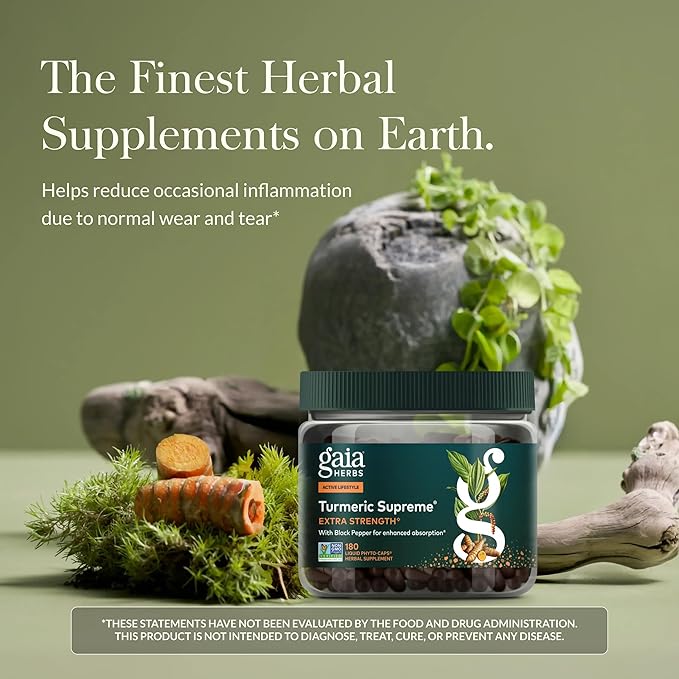 Gaia Herbs Turmeric Supreme Extra Strength - Supports Occasional Discomfort from Normal Wear & Tear* - with Turmeric Curcumin & Black Pepper - 180 Vegan Liquid Phyto-Caps (Up to 180 Servings)