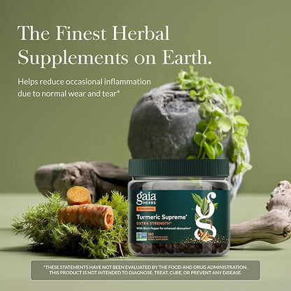 Gaia Herbs Turmeric Supreme Extra Strength - Supports Occasional Discomfort from Normal Wear & Tear* - with Turmeric Curcumin & Black Pepper - 180 Vegan Liquid Phyto-Caps (Up to 180 Servings)