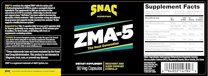SNAC ZMA-5 Mineral Supplement - Supports Muscle Function, Restful Sleep, Immune Health and Relaxation with Zinc, Vitamin B6, Magnesium and 5-HTP for Sleep, Anxiety, Calmness - 90 Veggie Capsules