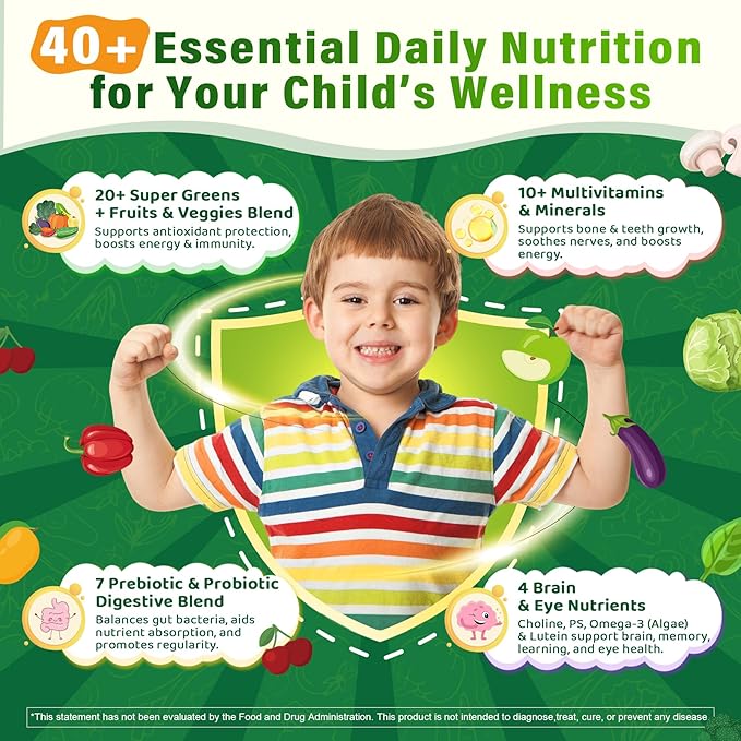 Kids Multivitamin Gummies, 20+ Super Greens Fruit and Veggies Supplement Superfood Daily Gummies with Probiotics for Kids Gummy Vitamins & Minerals for Tummy & Immune Support -Vegan, Sugar Free, 60Cts