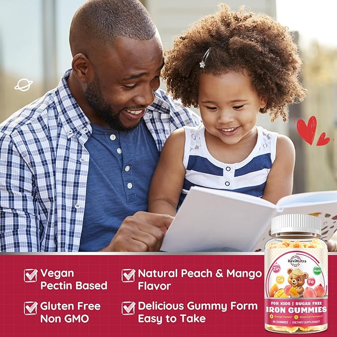 Iron Supplement Gummies for Kids - with Calcium, Zinc, Kids Multivitamin with Iron Gummies - Immune Support, Blood Builder & Energy Support for Iron Deficiency, Anemia, Peach & Mango Flavor, 60 Count