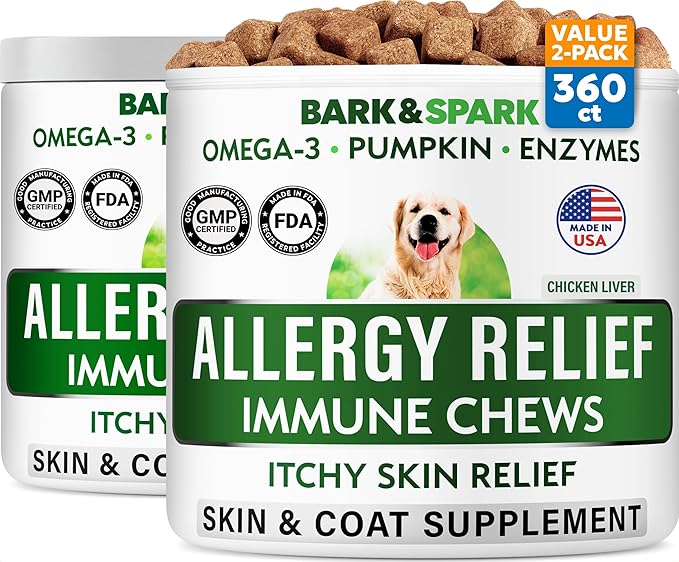 BARK&SPARK Dog Allergy Relief Soft Chews for Skin Health & Seasonal Allergies - Anti-Itch Supplement w/Omega-3, Quercetin & Bromelain Immune Treats for Dry Skin & Hot Spots - Chicken Liver - 240ct