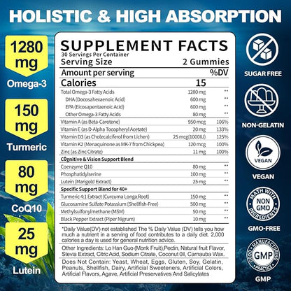 Omega-3 Gummies Supplement for Adults 40+: 1280mg Vegan Omega3 Fatty Acid DHA EPA with Vitamin D3 K2 Zinc Turmeric for Overall Health Support - Fish Oil Alternative for Women Men(120Count)
