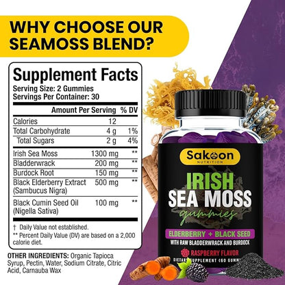 Sakoon nutrition Irish Sea Moss Gummies with Elderberry & Black Seed Oil - Overall Wellness Support | Rich in Vitamins, Raspberry Flavor | 60 Gummies