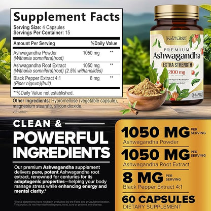 Built by Nature Ashwagandha 2100mg Extra Strength Stress Relief & Mood Support with Black Pepper Extract for Max Absorption - Non-GMO, Vegan, Gluten-Free - 60 Capsules