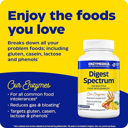 Enzymedica Digest Spectrum, Advanced Digestive Enzymes for Women and Men, Supports Digestion and Multiple Food Intolerances, Fast-Acting Formula for Gas and Bloating Relief, 90 Capsules