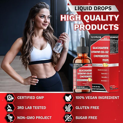 Glucosamine Chondroitin MSM Liquid Drops - 9in1 with Vitamin D3, Vitamin K2, Hyaluronic Acid, Quercetin, Boswellia, and Bromelain - Vegan, Non-GMO - 30ml 1 Fl Oz