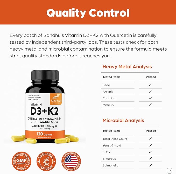 Sandhu's Vitamin D3 K2 Magnesium 2000 IU, 50mcg K2 Capsules 120 Count (Pack of 1) | with VIT B6, Zinc & Quercetin | D3K2 Supports Superior Absorption, Energy, Immune, Muscle Health for Men & Women