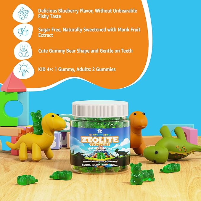 Zeolite Gummies for Kids & Adults, Sugar Free Zeolite Detox Supplements w/ Chlorella, Spirulina, Minerals, Choline - Gentle Body Detox & Cleanse, Gut Health, Immune, Focus, Energy, Bone, Vegan, 60cts