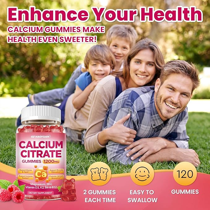 Calcium Citrate Gummies - 1200mg Calcium Gummies Supplements for Women & Men with Vitamin D3, K2, Magnesium, Zinc High Absorption for Bone, Muscle & Immune Support, Raspberry Flavor, 120 Count